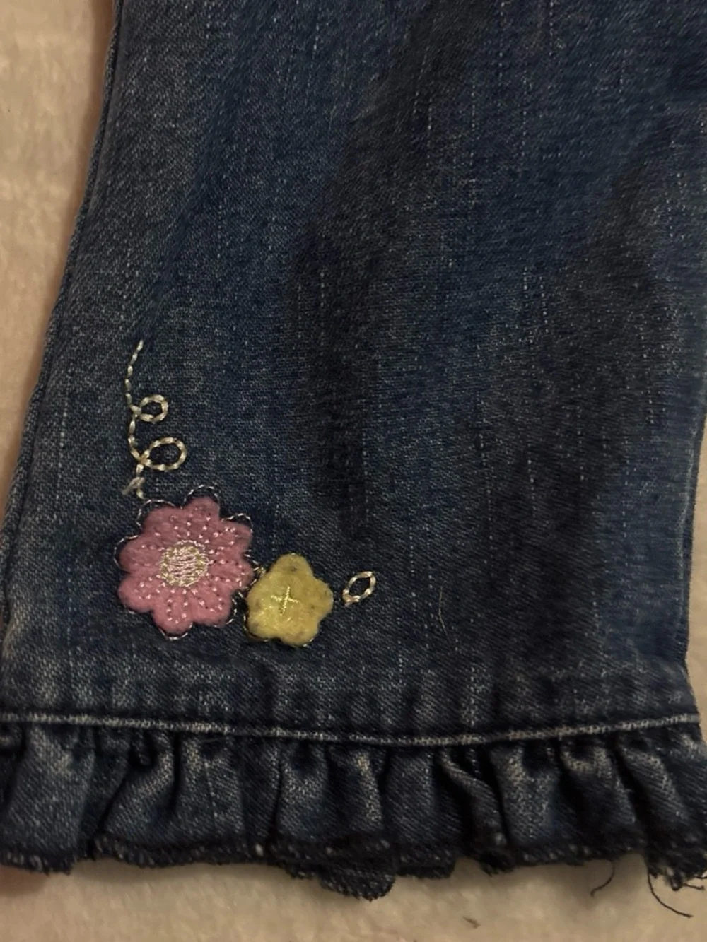 Toddler Dark Blue Denim Jeggings with Floral Embroidery
